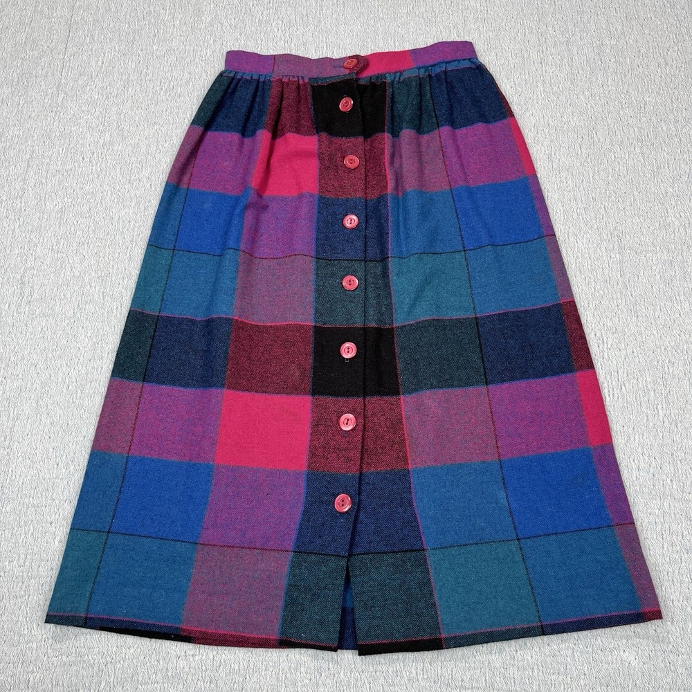 Vintage Skirt Plaid A-Line Size 7/8 Pink Blue Black Wool Blend